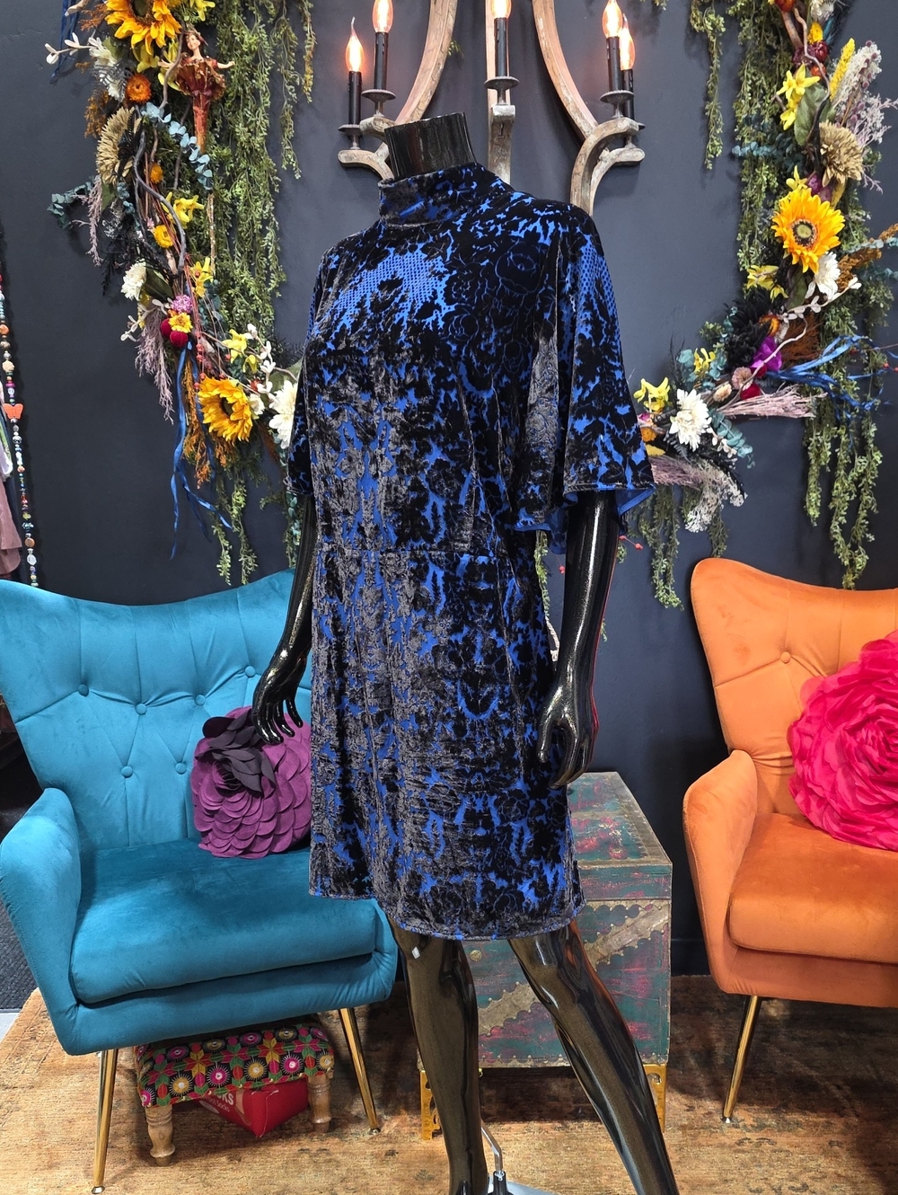 Anthropologie Blue and Black Velvet Midi Dress